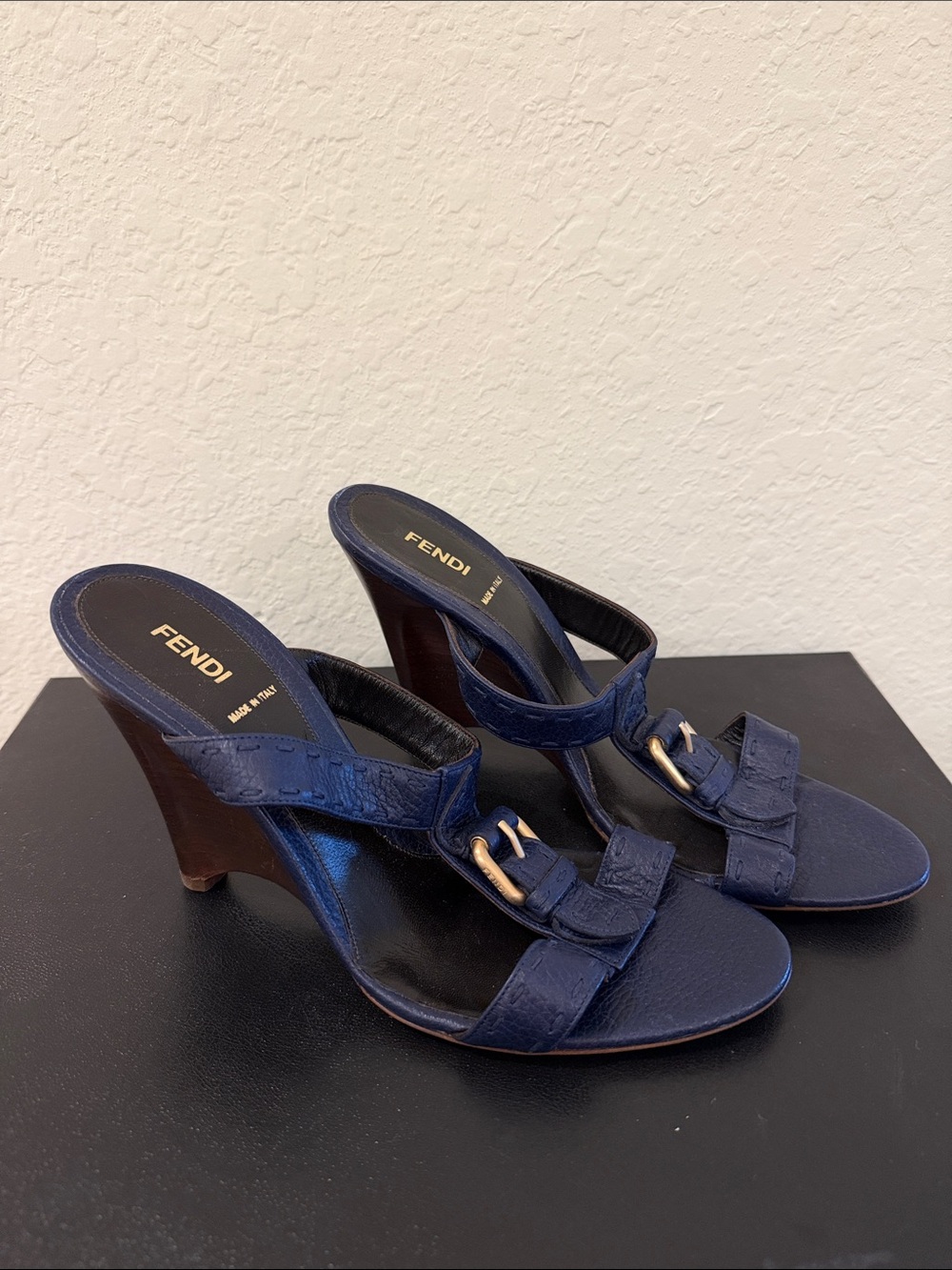 Fendi NEVER WORN Navy Blue Leather Wedge Slide Heels with Gold Hardware